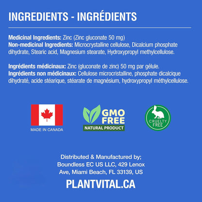 PlantVital Zinc Supplements - Made in Canada - 50mg (240 Count) - Immune Support, Healthy Bones, Hair, Nail and Skin with Zinc Gluconate 50mg - Made in Canada - Additive-Free - 240 Zinc Tablets