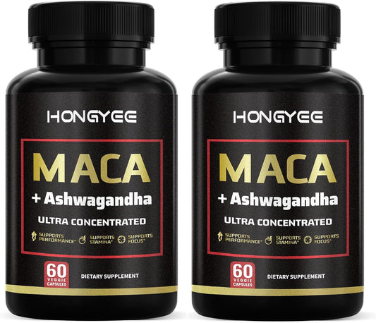 [2-Pack] Maca Root with Ashwagandha Complex, Ultra Concentrated, 60 Veggie Capsules, Supports Performance, Stamina and Focus, Maca Root Capsules for Men