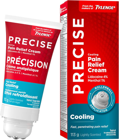 Precise Cooling Pain Relief Cream from the Makers of Tylenol, 4% Lidocaine & 1% Menthol, Fast, Effective Pain Relief, Light Scent, 113 g