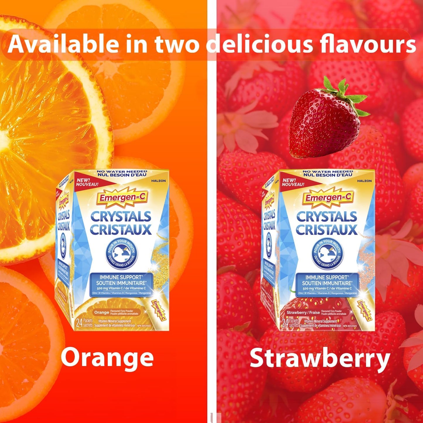 Emergen-C Crystals 便携式免疫支持补充剂，含维生素 C、锌、B 族维生素和锰，橙味，24 包