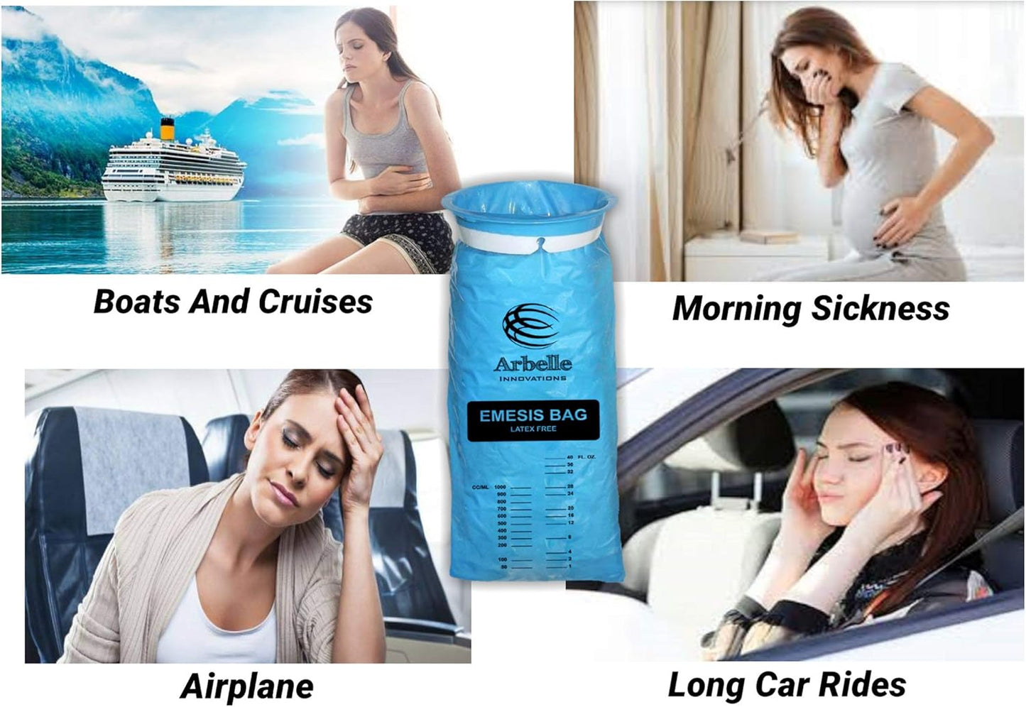 一次性嘔吐袋，嘔吐袋 - 40個嘔吐袋+40片濕紙巾，用於噁心、暈車、汽車、懷孕、化療嘔吐，藍色嘔吐袋，優質防漏，方便旅行