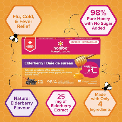 Honibe 100% 纯蜂蜜润喉糖，加拿大制造，缓解痰液和咳嗽，含接骨木果，1 包（10 粒润喉糖），天然浆果