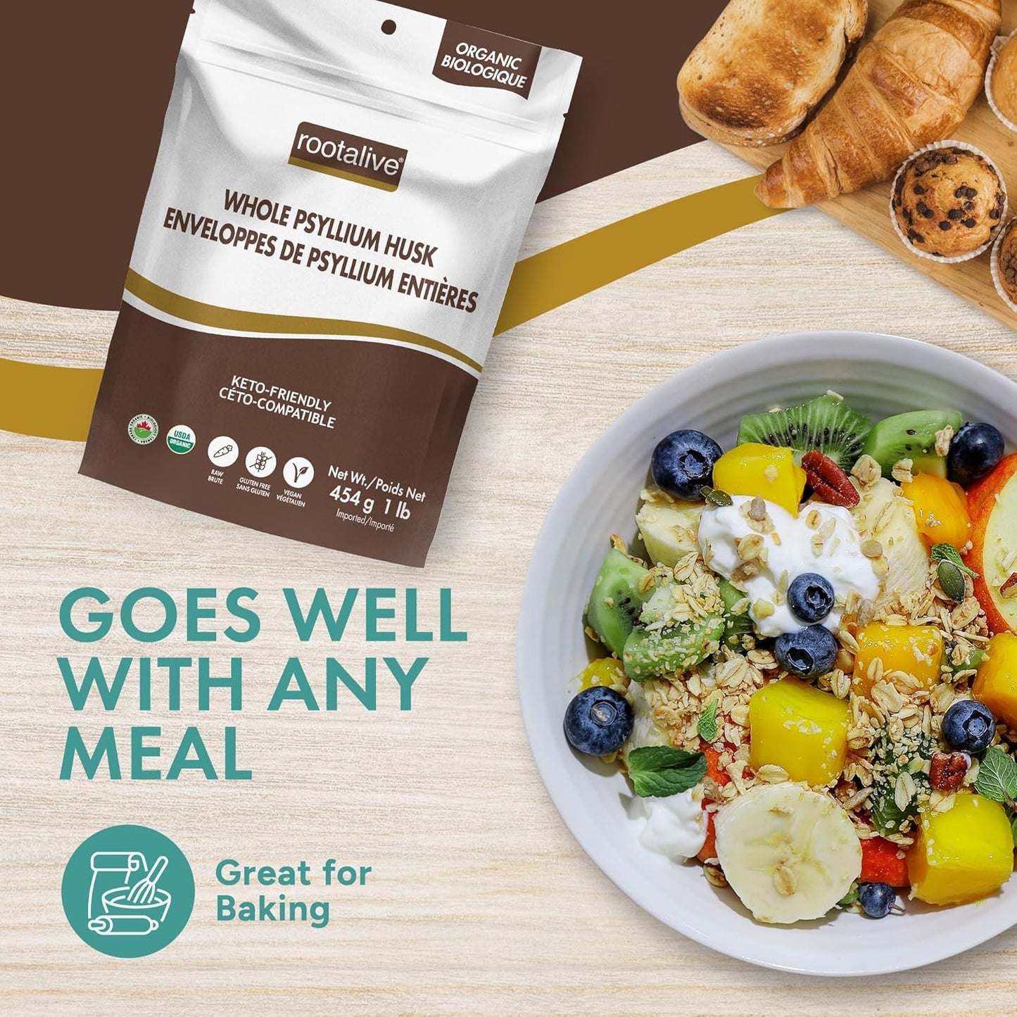 Rootalive Organic Whole Psyllium Husk 454g (1lb), Plant-Based Fibre for Digestive Support, Unflavored Superfood with Soluble & Insoluble Fibre, Vegan, Gluten-Free