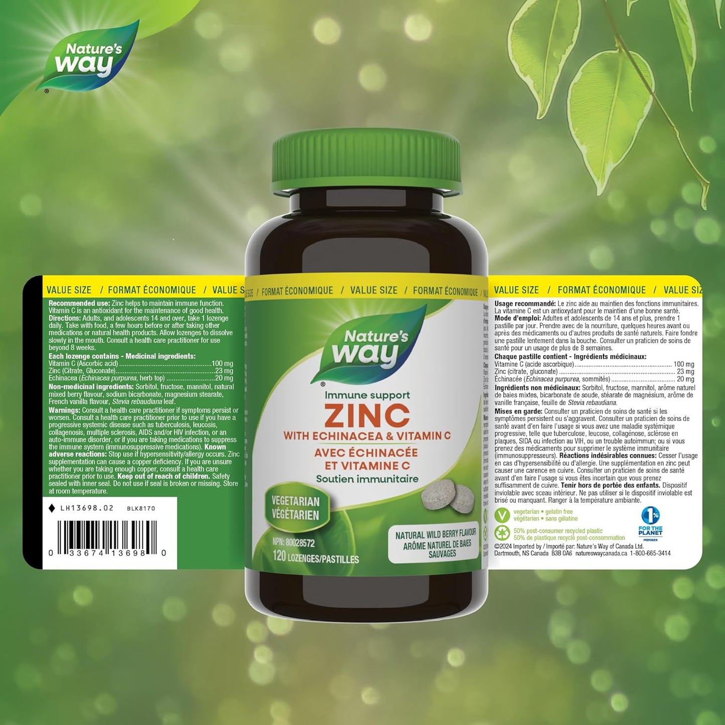 Nature’s Way Zinc with Echinacea & Vitamin C - Immune Support Supplement with Zinc, Echinacea, and Vitamin C – Natural Wild Berry Flavour - 120 Lozenges, Value Size