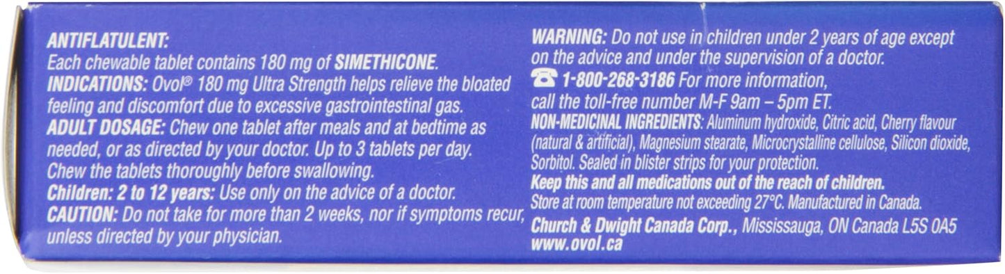 Ovol 强效樱桃味咀嚼片，缓解胀气疼痛、腹胀和腹胀，加拿大制造，180 毫克，32 片