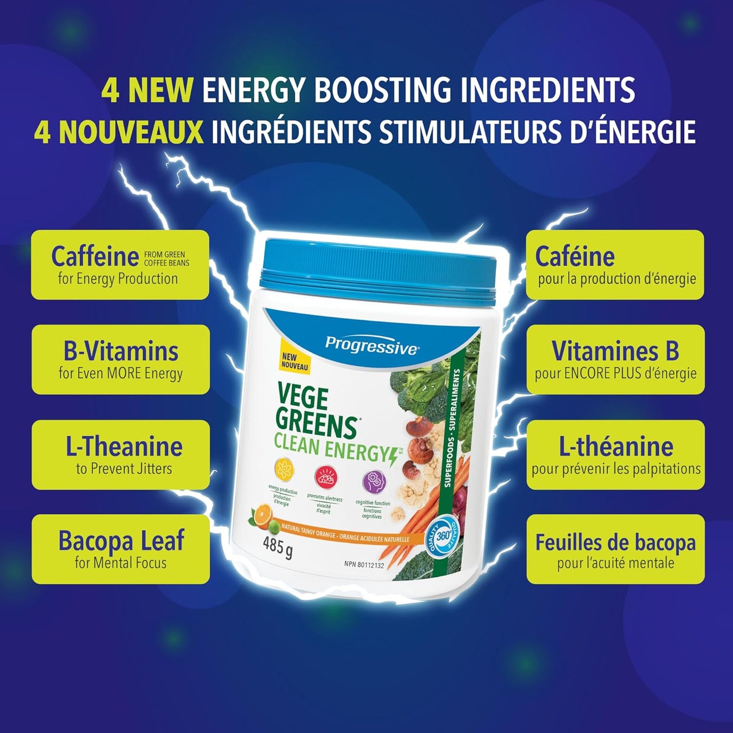Progressive VegeGreens 清洁能源天然浓郁橙味 485 克 | 促进能量生产，提高警觉性和认知功能
