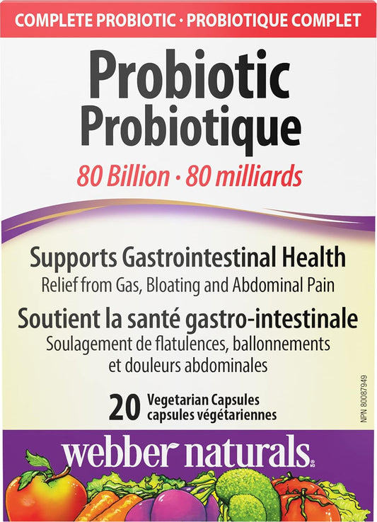 Webber Naturals Probiotic 80 Billion Active Cells, 8 Probiotic Strains, 20 Capsules, For Digestive Health, Vegetarian