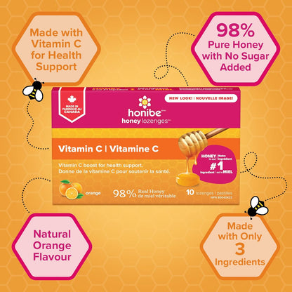 Honibe 100% 纯蜂蜜润喉糖 | 加拿大制造 | 添加维生素 C 以支持健康 | 1 包（10 粒润喉糖）| 天然橙子