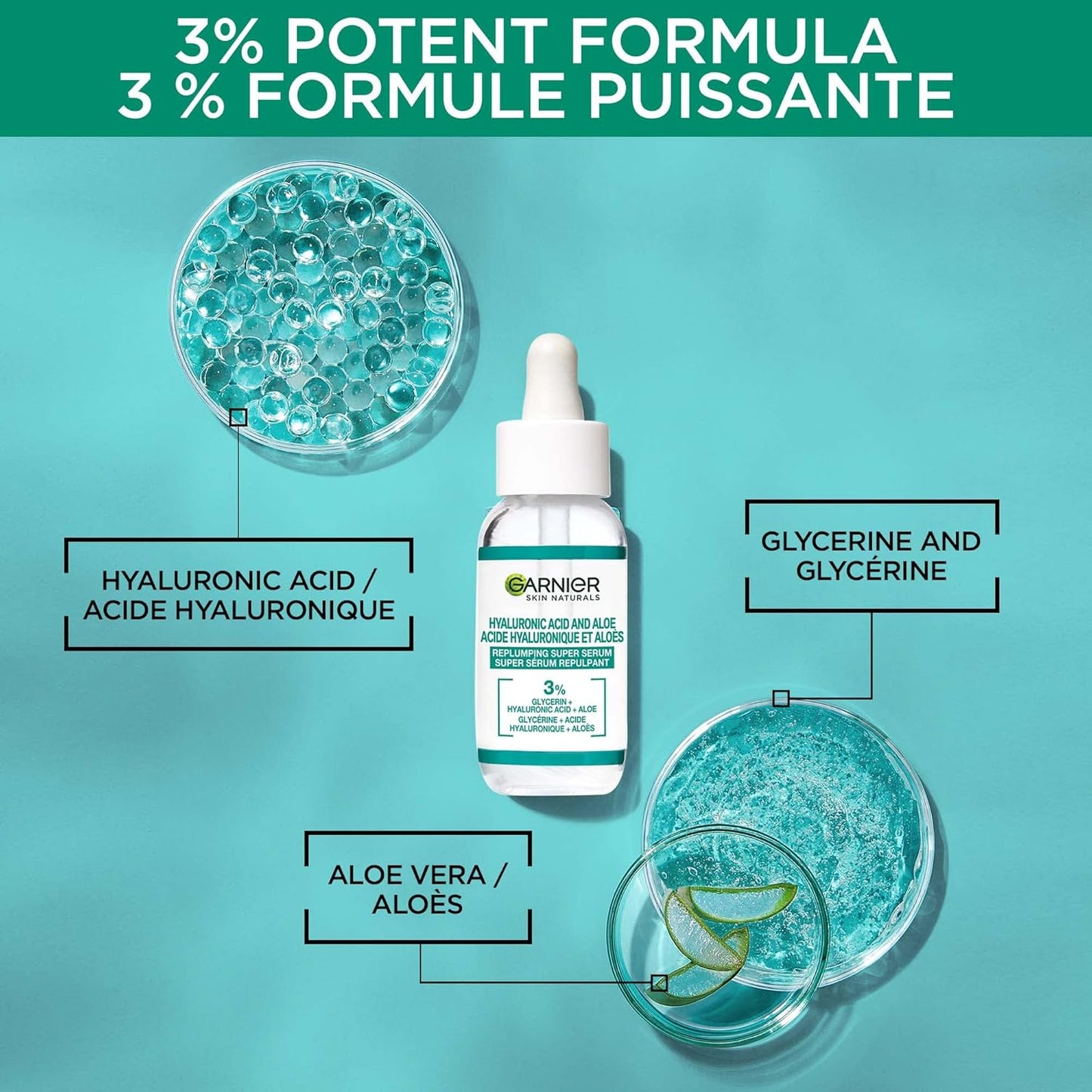 Garnier Aloe Vera Serum, With Hyaluronic Acid and Aloe, Replumping and Hydrating & Vitamin C* Brightening Day Cream with Super Citrus, Nourishes and Boosts Skin Glow, SkinActive - 50ml