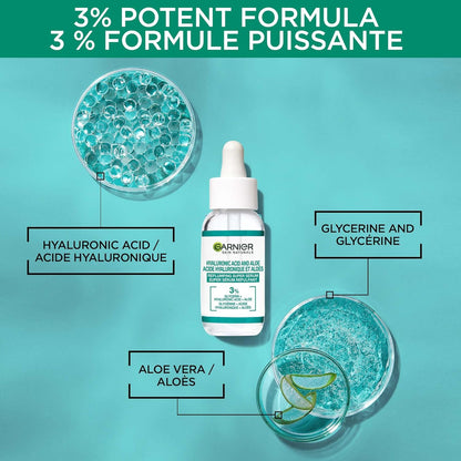 Garnier Aloe Vera Serum, With Hyaluronic Acid and Aloe, Replumping and Hydrating & Vitamin C* Brightening Day Cream with Super Citrus, Nourishes and Boosts Skin Glow, SkinActive - 50ml