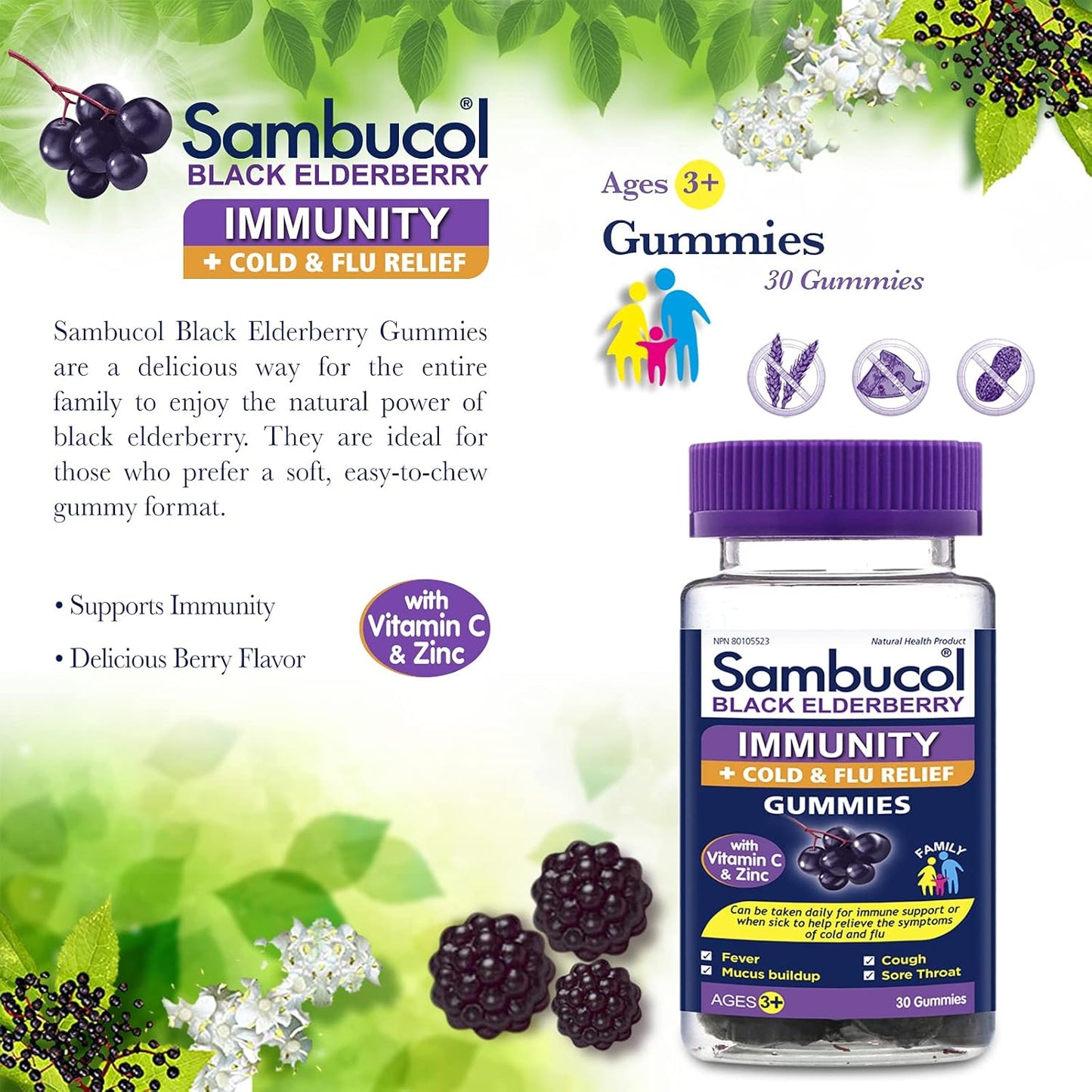 Sambucol Black Elderberry Immunity Gummies | Immune Support & Antioxidant | Quickly Relieves Cold & Flu Symptoms | Ideal for Families | Gluten Free | 30 count (Pack of 1)