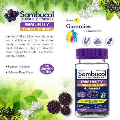 Sambucol Black Elderberry Immunity Gummies | Immune Support & Antioxidant | Quickly Relieves Cold & Flu Symptoms | Ideal for Families | Gluten Free | 30 count (Pack of 1)