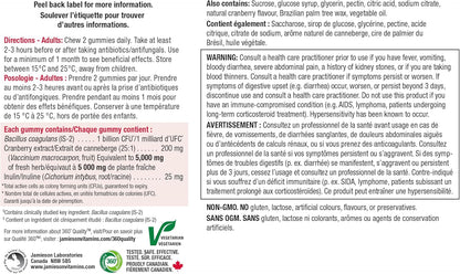 Jamieson 女性益生菌软糖，含蔓越莓和益生元，有助于维持健康的阴道菌群和微生物群，预防尿路感染，并促进消化系统健康。不含人工色素、香精或防腐剂，蔓越莓口味，60 粒装