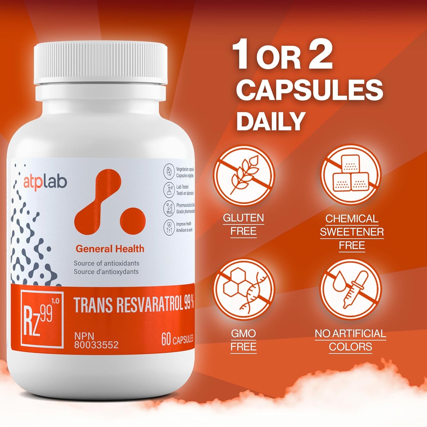 ATP LAB - 反式白藜芦醇 99% 60 粒胶囊 60 天供应量 - 抗氧化剂补充剂 - 免疫系统支持 - 反式白藜芦醇补充剂 - 焕发光彩的肌肤和免疫支持