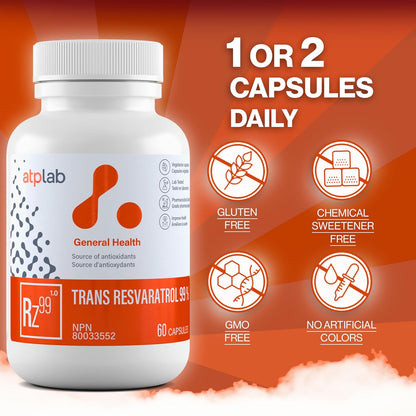 ATP LAB - 反式白藜芦醇 99% 60 粒胶囊 60 天供应量 - 抗氧化剂补充剂 - 免疫系统支持 - 反式白藜芦醇补充剂 - 焕发光彩的肌肤和免疫支持