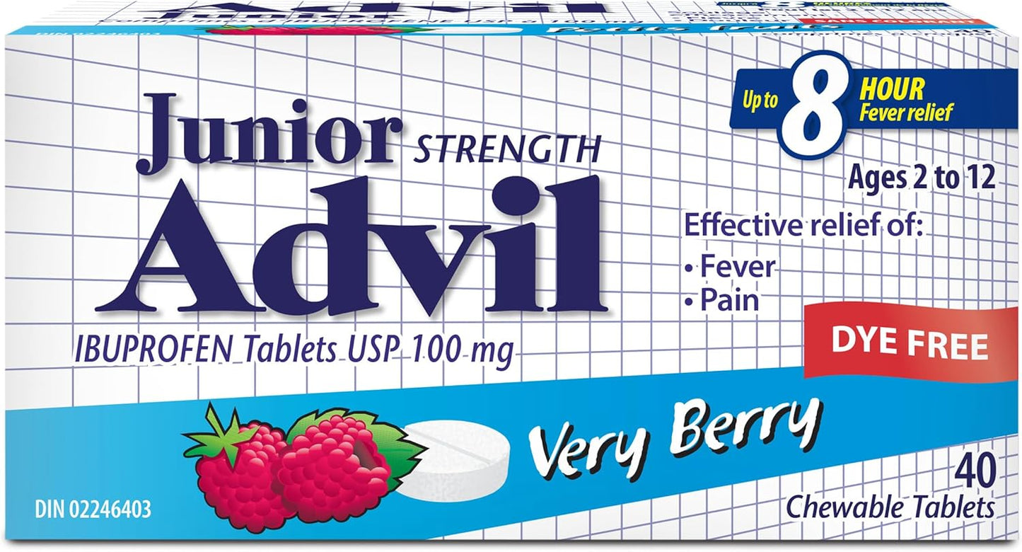 强效 Advil 布洛芬无色素咀嚼片，缓解疼痛和发烧，浆果味，40 片