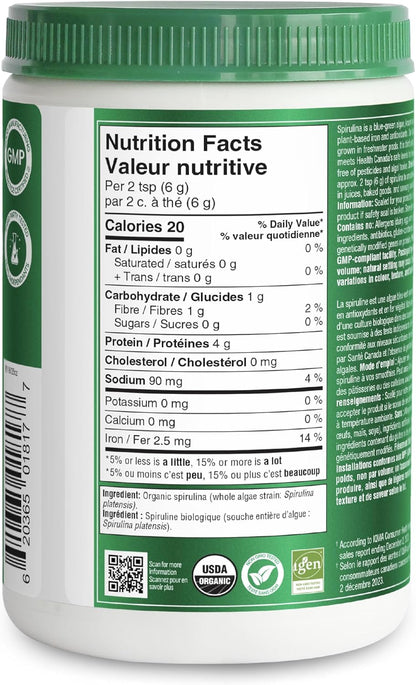 Organika 加拿大制造有机认证螺旋藻粉 - 超级食品，经第三方测试，纯净来源，纯素 - 300 克