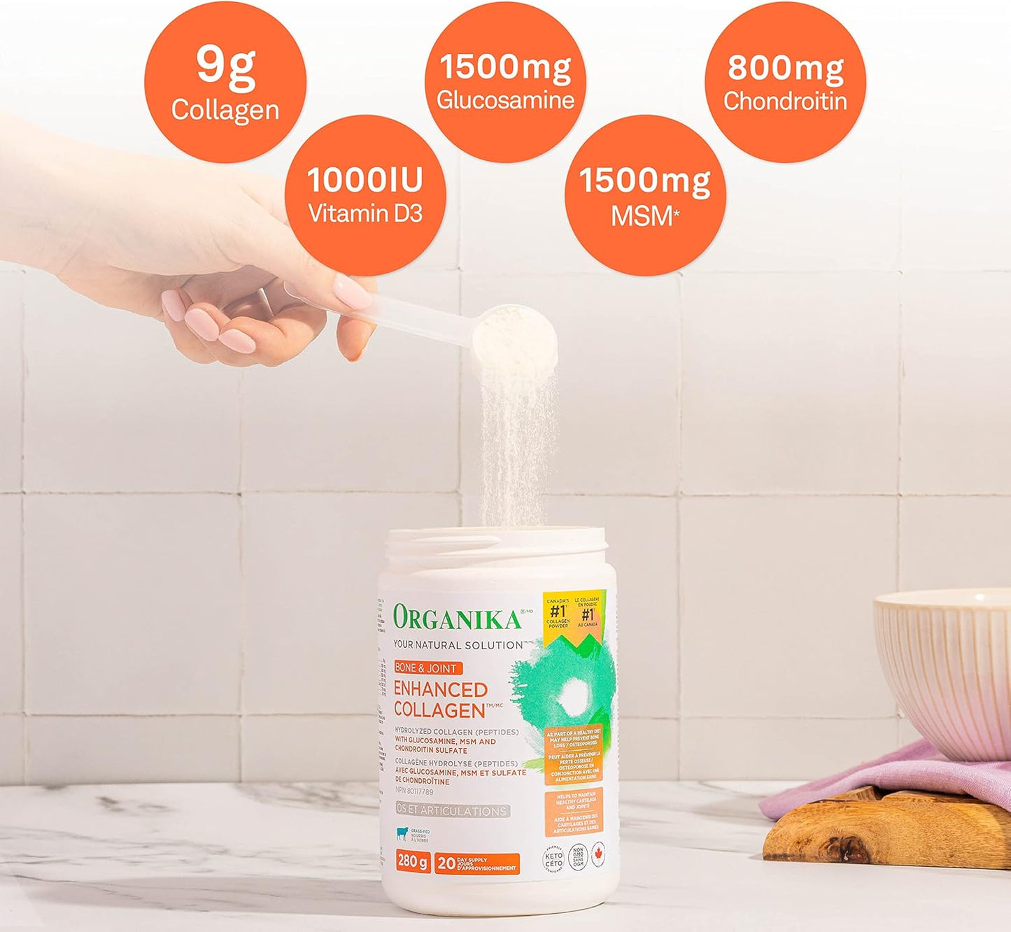 Organika 增強型膠原蛋白骨關節粉 - 含葡萄糖胺、MSM、硫酸軟骨素和增強型膠原蛋白勝肽蛋白粉，有益於頭髮、皮膚和指甲健康