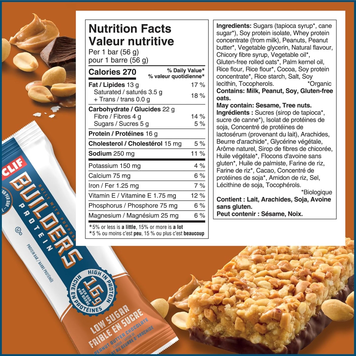 CLIF BUILDERS 低糖蛋白棒，12 包，每包 56 克，16 克蛋白质，5 克糖，不含人工甜味剂，花生酱巧克力味，高蛋白零食，加拿大制造