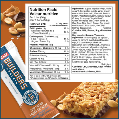 CLIF BUILDERS 低糖蛋白棒，12 包，每包 56 克，16 克蛋白质，5 克糖，不含人工甜味剂，花生酱巧克力味，高蛋白零食，加拿大制造