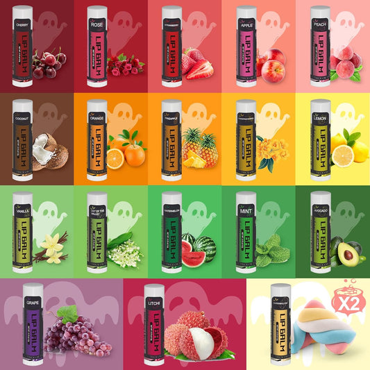 Yopela 76 支裝萬聖節潤唇膏，含維生素 E 和椰子油，唇部護理產品 - 保濕、舒緩和修復乾燥和皸裂的嘴唇，19 種口味和派對禮品卡