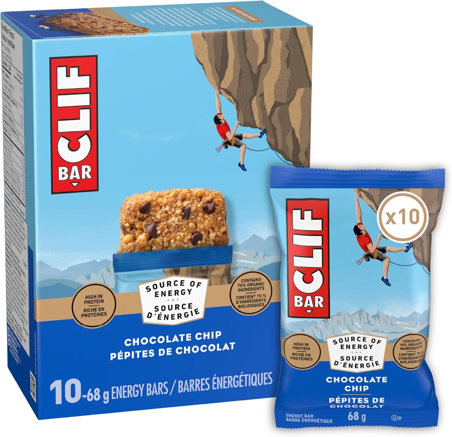 CLIF BAR 能量棒，巧克力碎，燕麦棒，高蛋白，含 70% 有机成分，680 克（10 包）