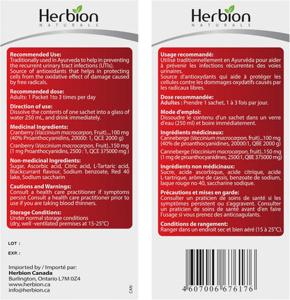 Herbion Naturals Cranfit Cranberry Granules Help Prevent Recurrent Urinary Tract Infections (UTIs), Source of Antioxidants, 250 mg Cranberry Extract per Sachet, Herbal Formula, Dissolves in Water, For Adults, 10 Sachets
