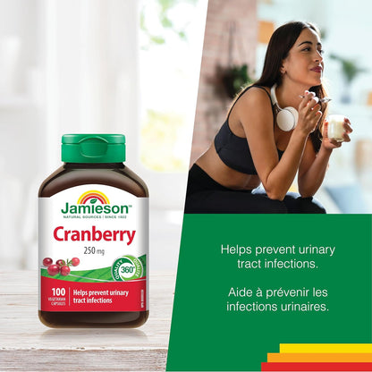 Jamieson 蔓越莓胶囊 250 毫克，每日一粒，有效预防尿路感染。素食，非转基因，无麸质，无人工色素和香精，100 粒，加拿大制造