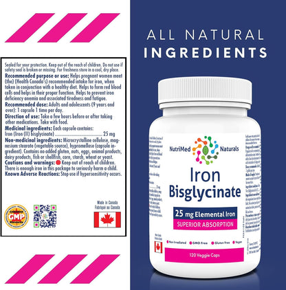 Nutrimed Naturals - 甘氨酸鐵，120 粒素食膠囊，120 天用量 - 25 毫克元素鐵缺乏性貧血和相關疲勞和乏力 - 經第三方測試 - 加拿大配製和製造
