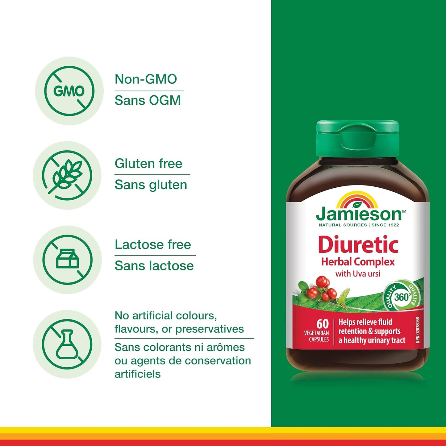 Jamieson 利尿草本複合物，蘊含熊果，有助於緩解體液滯留和輕微尿路感染相關症狀。非基因改造，無麩質，60 粒素食膠囊，加拿大製造