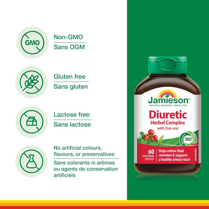 Jamieson 利尿草本複合物，蘊含熊果，有助於緩解體液滯留和輕微尿路感染相關症狀。非基因改造，無麩質，60 粒素食膠囊，加拿大製造