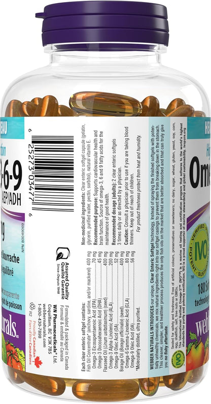 Webber Naturals Omega 3-6-9 1,200 毫克魚油，180 粒透明腸溶無魚腥味軟膠囊，支持心血管健康和大腦功能