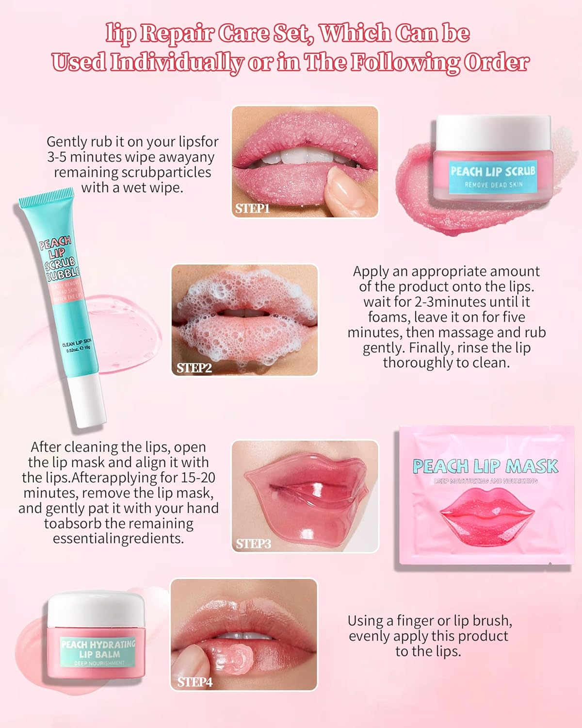 Lip Repair Care Product Kit,8 in 1 Peach Lips Care Moisturizer,Lip Scrub,5Pcs Lip Mask,Lip Scrub Foaming,Hydrating Lip Balm for Dry Cracked Chapped Lips,Christmas Travel Size Care Gift Set for Women Girl