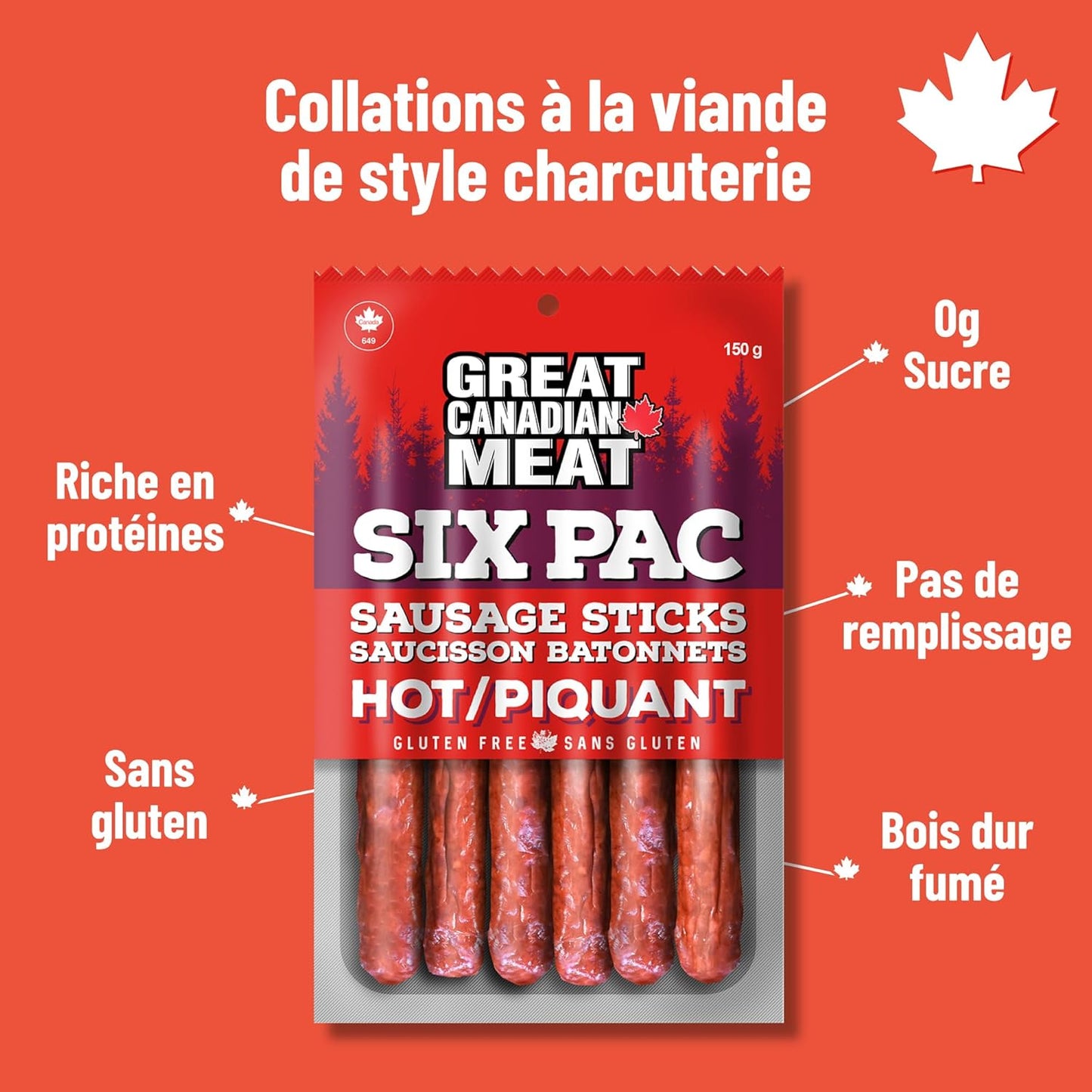 热熏香肠条 - 4 包，每包 4 x 150 克，Great Canadian Meat 出品，肉类零食，散装香肠条盒，适合肉食爱好者。零食之选，古饮食法，无麸质，高蛋白