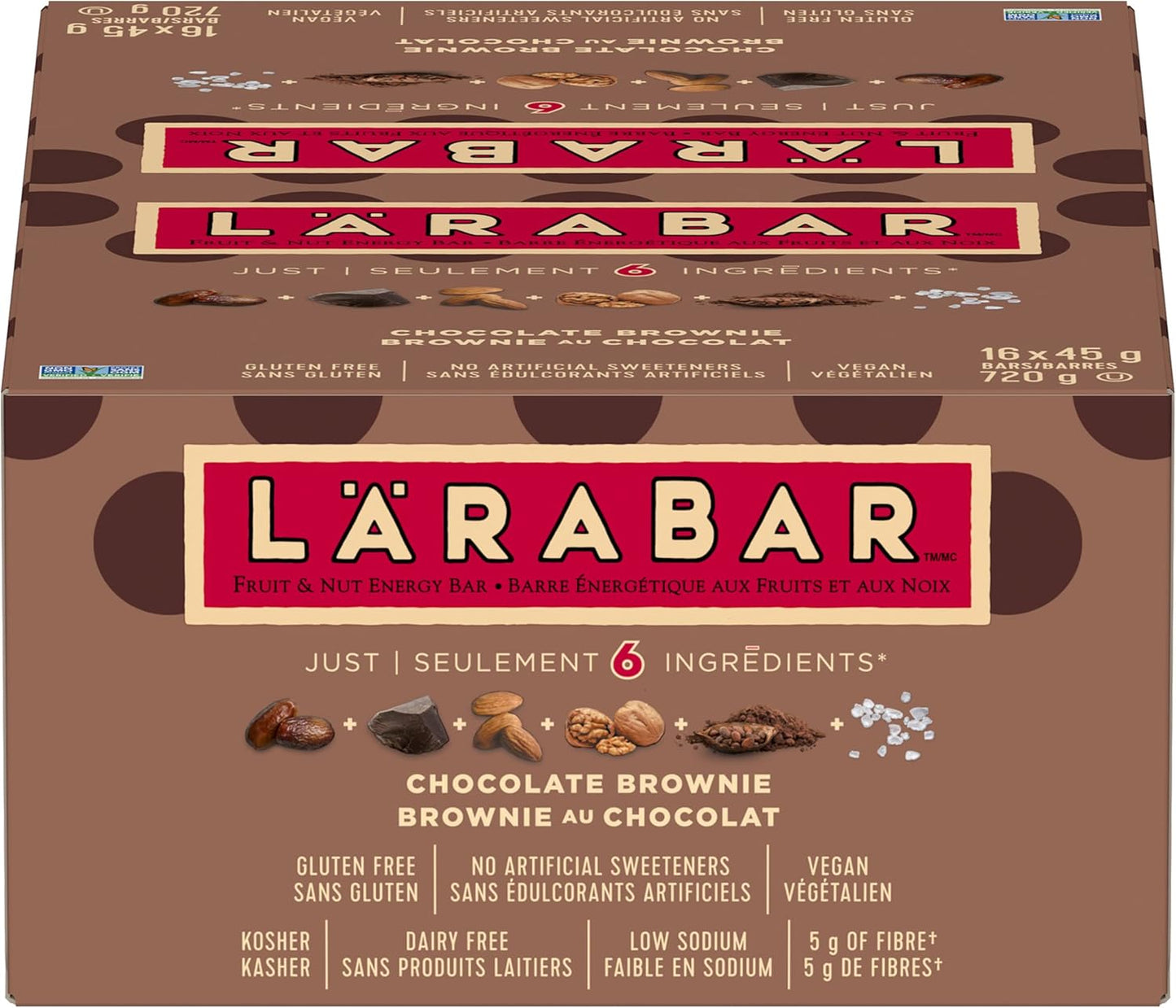 LÄRABAR 巧克力布朗尼，水果坚果能量棒，16条装，无麸质，纯素，家庭装，零食棒，720克/包
