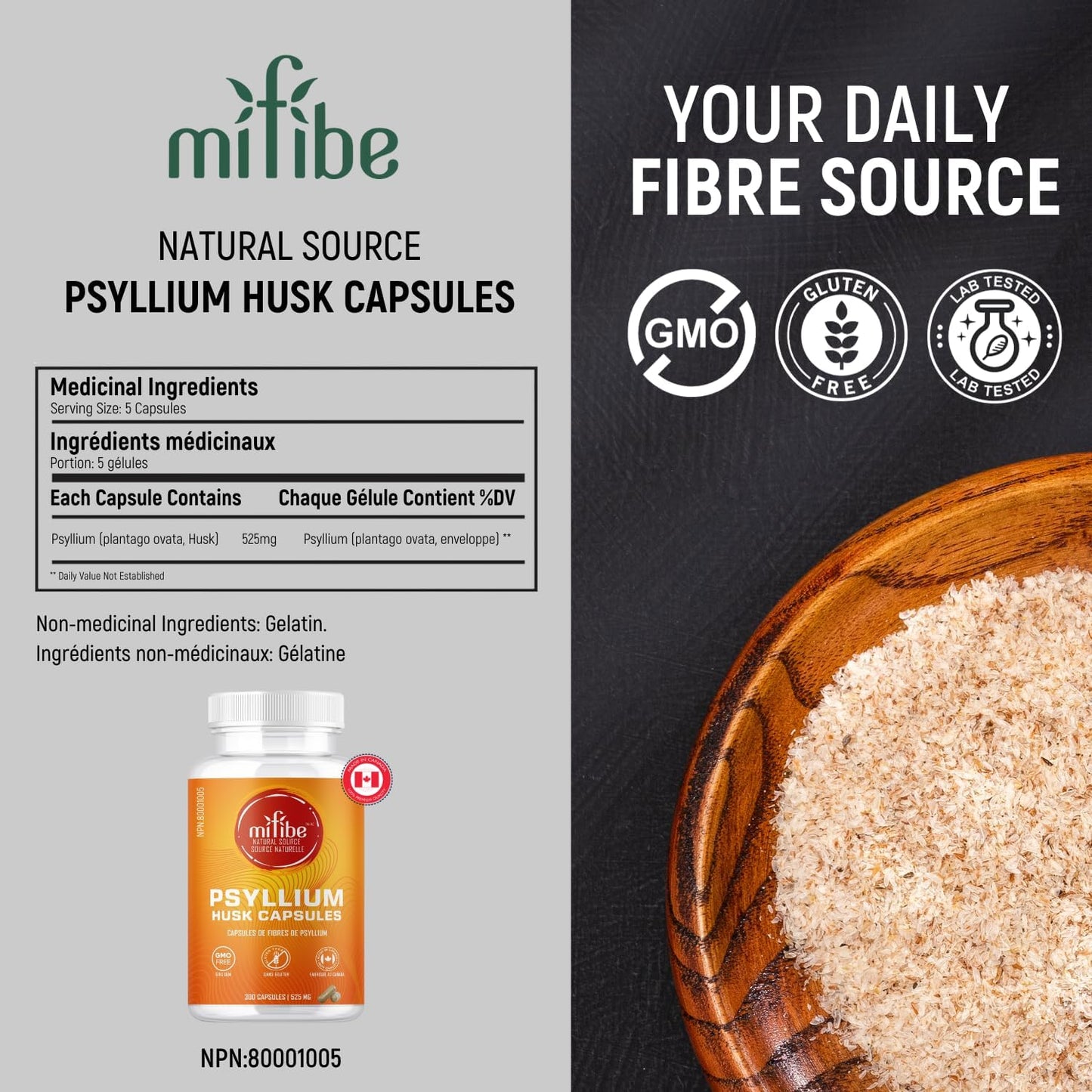 mifibe Psyllium Husk Fibre Capsules | 300 Pills | 2625mg Per Serving | Natural Laxative for Constipation Relief | Soluble Fibre