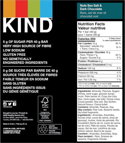 KIND 能量棒，坚果海盐黑巧克力，无麸质，低糖，40 克，12 块；水果坚果焦糖杏仁海盐，无麸质，低糖，1.4 盎司，5 块
