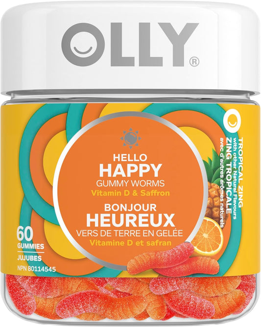 OLLY Hello Happy Gummy Worm Supplement vitamins Tropical Zing flavour and a blend of vitamin D & saffron 30 day supply 60 gummies