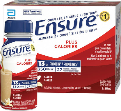 Ensure Plus Calories，营养补充奶昔，帮助健康增重或维持体重，香草味，6 x 235 毫升瓶装