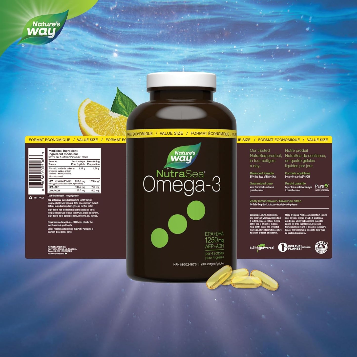 Nature's Way NutraSea Omega-3 补充剂软胶囊，柠檬味 - EPA 和 DHA 鱼油 - 支持 14 岁以上儿童和成人的心脏和大脑健康，240 粒软胶囊，超值装