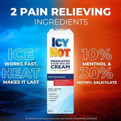 冰热强效止痛膏，快速缓解肌肉和关节疼痛，缓解关节炎、扭伤和拉伤引起的不适，水杨酸甲酯 30%，薄荷醇 10%，85 克管装