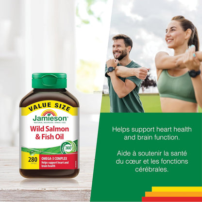 Jamieson Wild Salmon and Fish Oil 1,000 mg Softgels, Value Size, Supports Heart and Brain Health. With Wild Alaskan Salmon, Menhaden, EPA and DHA, Non-GMO, Gluten-Free, 280 Count, Proudly Canadian