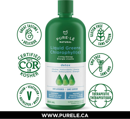 Pure-lē Natural Chlorophyll Liquid Greens | Organic (COR Certified), Gluten-Free, Vegan | Unflavored (450 mL) – Natural Body Deodorant, Alkalizing & Antioxidant Support