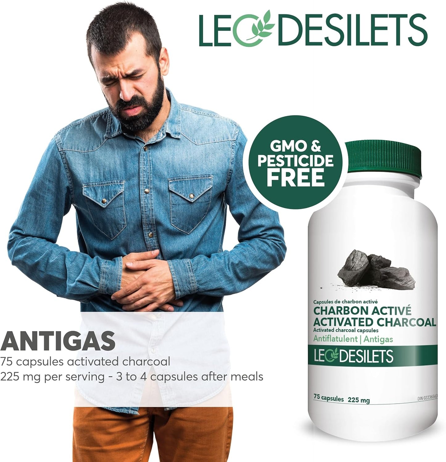 Leo Desilets 活性碳 | 每粒膠囊含 225 毫克活性碳 | 有助於緩解腹脹和脹氣疼痛 | 不含基因改造成分和殺蟲劑 | 75 粒膠囊