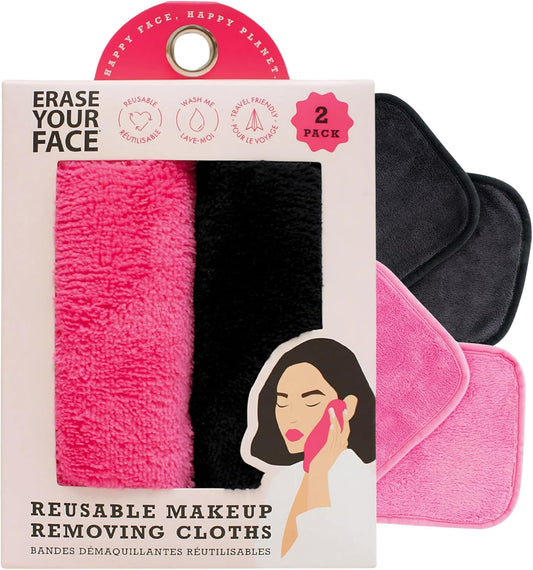 ERASE YOUR FACE Makeup Remover Cloths - Reusable Microfiber Face Towels to Cleanse & Remove Makeup - Water Activated, Dual-Sided Design for Easy Use - Pink/Black (2 Count)