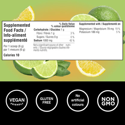 Organika 加拿大制造电解质超强粉 - 柠檬青柠味 - 高钠，适合运动后恢复 - 咸味，无糖，补水和补充电解质 - 180 克，30 份