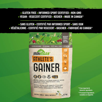 Athlete's Gainer Protein Powder, Natural Vanilla Flavour, 4.5 kg | Vegan and Non-GMO & Iron Vegan Sprouted Protein Bars | Peanut Chocolate Chip Flavour | 12 Pack