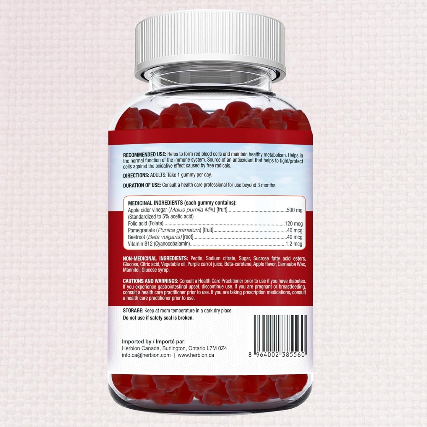 Herbion Naturals 蘋果醋軟糖，含葉酸、石榴、甜菜根和維生素 B12，是維持身體健康和新陳代謝的抗氧化劑來源，成人適用，60 粒果膠軟糖，蘋果味