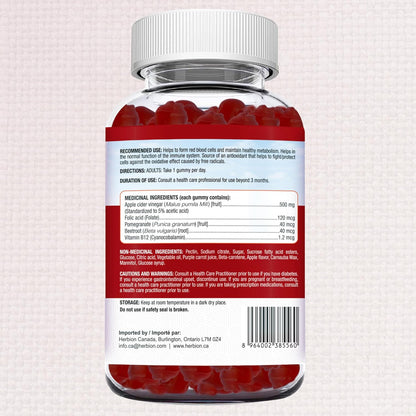 Herbion Naturals 蘋果醋軟糖，含葉酸、石榴、甜菜根和維生素 B12，是維持身體健康和新陳代謝的抗氧化劑來源，成人適用，60 粒果膠軟糖，蘋果味