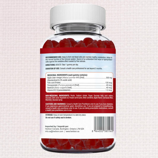 Herbion Naturals 苹果醋软糖，含叶酸、石榴、甜菜根和维生素 B12，是维持身体健康和新陈代谢的抗氧化剂来源，成人适用，60 粒果胶软糖，苹果味
